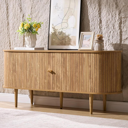 55" Mid-Century Modern Fluted TV Stand with Storage, Natural Oak
