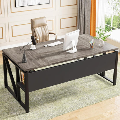Tribesigns 63 inches Computer Desk with Bottom Storage Shelf Home Office Desk Writing Table for Workstation,Dark Walnut + Steel Leg， Cabinet not Included (Grey, 63-inch-with Shelf)