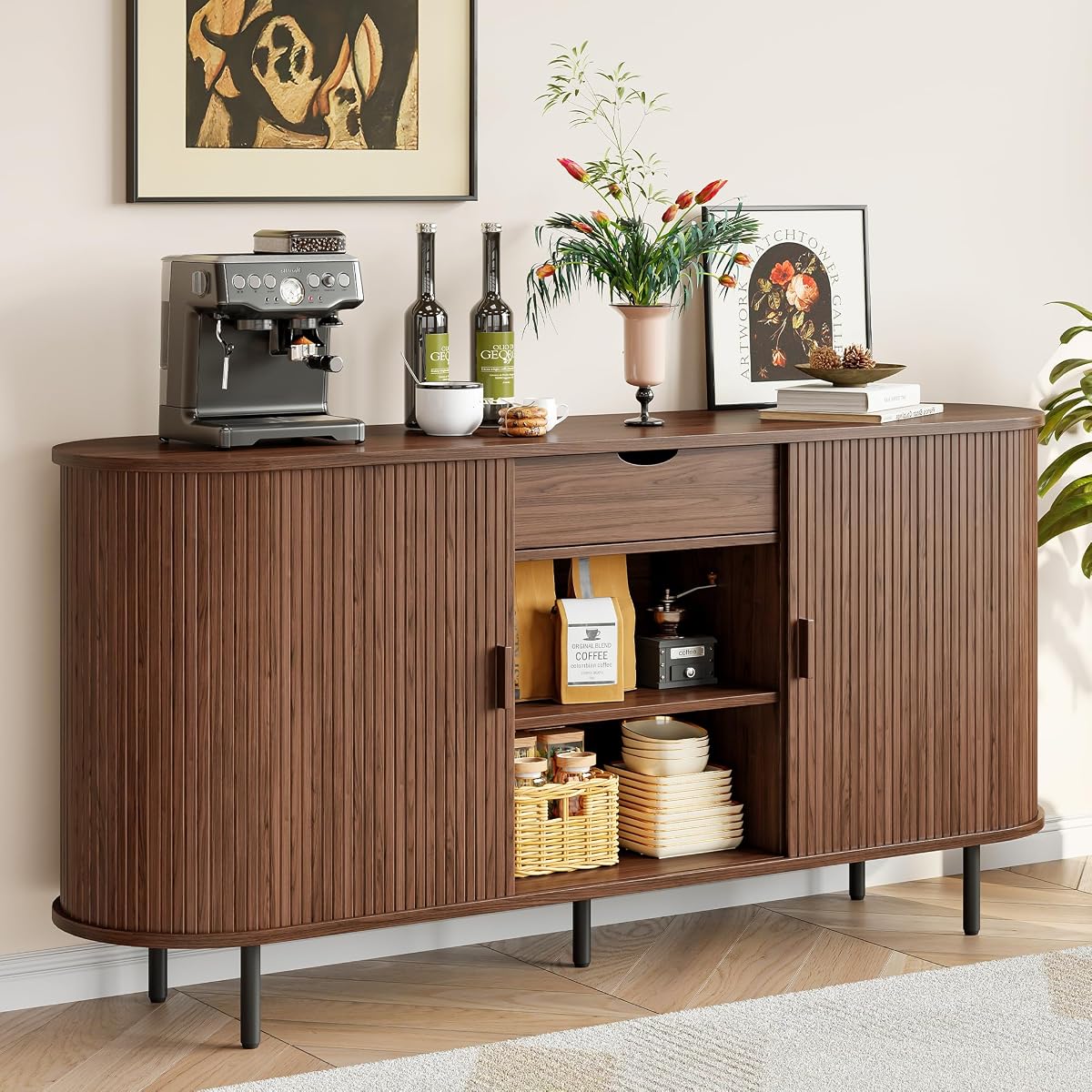 63" Sideboard Buffet Cabinet with Storage Drawer & Shelves,Walnut