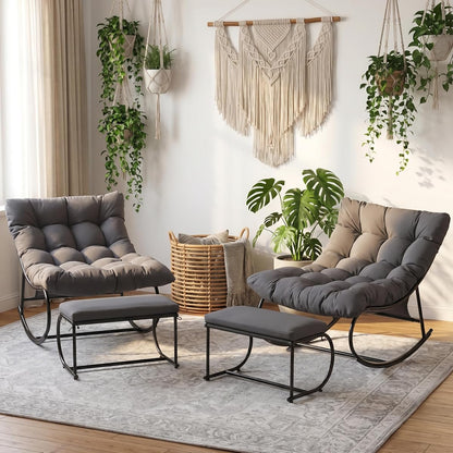 Oversized Double Papasan Rocking Chair Set of 2 with Ottoman, Egg Shaped Patio Lounge Chair with Thick Soft Cushion, Outdoor Relaxation Furniture for Porch, Backyard, Garden, Balcony, Grey