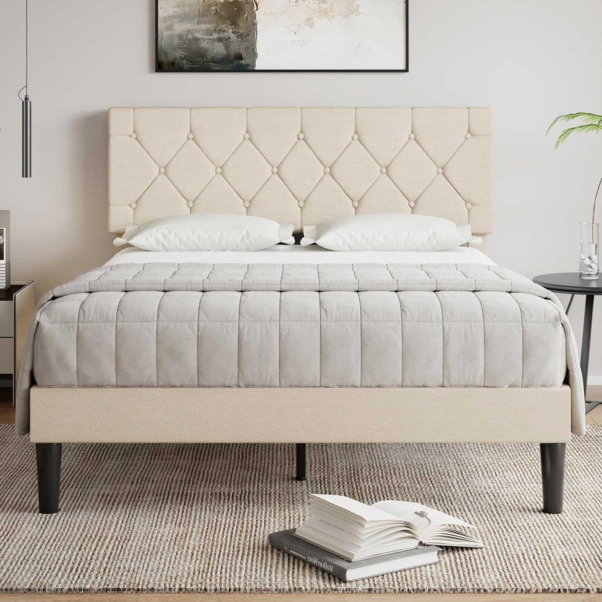 Queen Bed Frame with Upholstered Tufted Headboard, Beige