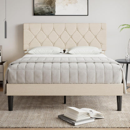 Queen Bed Frame with Upholstered Tufted Headboard, Beige