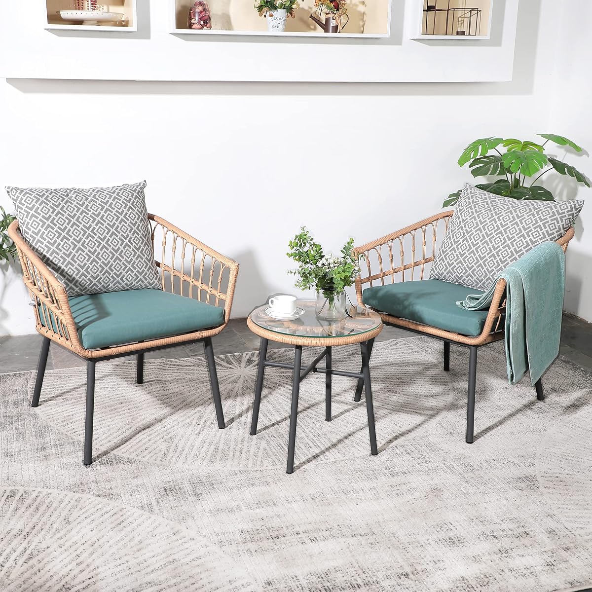 3 Piece Patio Furniture Outdoor Conversation Bistro Set with Tempered Coffee Table and Wicker Chairs for Garden Balcony Backyard Yard Poolside, Green (QX-MA-WF-001)