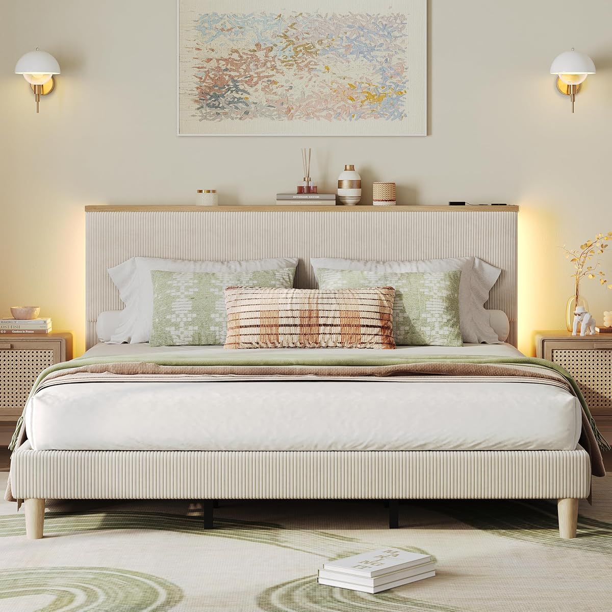 King Bed Frame with Storage Headboard & LED, Upholstered, Beige