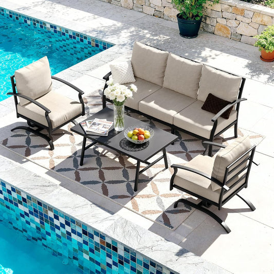 Patio Furniture Set,4 Piece Metal Outdoor Patio Furniture Set,All Weather Modern Patio Conversation Sets w/3 Seater Sofa,2 Single Sofas and Coffee Table for Balcony Deck,Sand