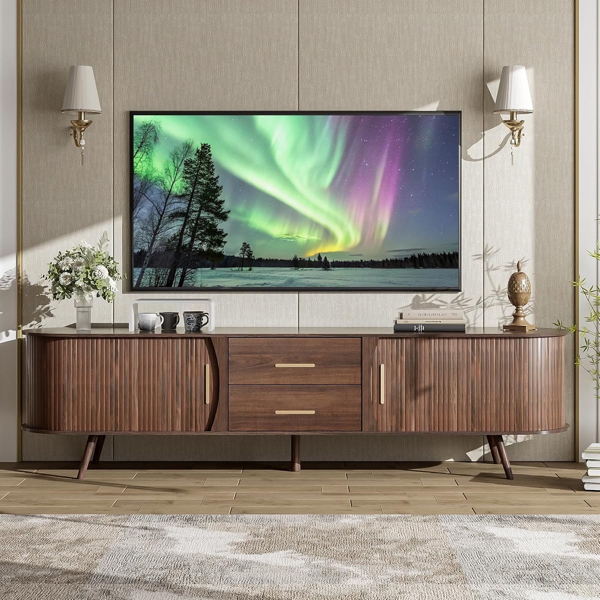 70" Fluted TV Stand for TVs Up to 80", Mid Century Entertainment Center with Sliding Tambour Doors and Drawers, Modern Curved Media Console with Storage for Living Room, Walnut