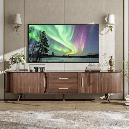 70" Fluted TV Stand for TVs Up to 80", Mid Century Entertainment Center with Sliding Tambour Doors and Drawers, Modern Curved Media Console with Storage for Living Room, Walnut