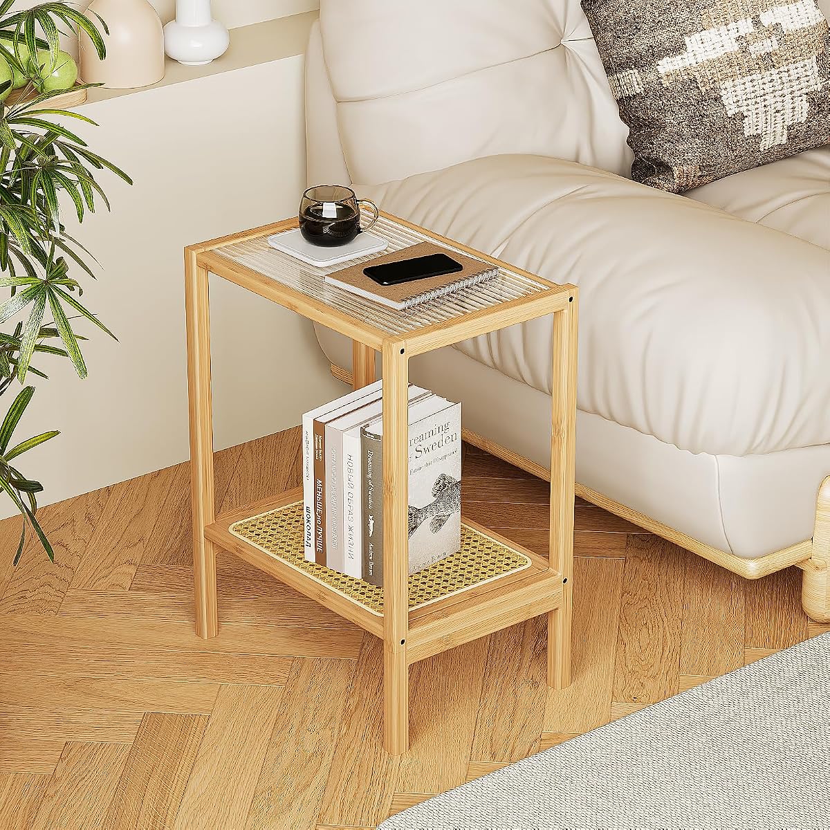 Side Table Nature Rattan Night Stand Glass End Table 2-Tier with Storage Boho Bedside Table for Small Spaces Bamboo Coffee Table for Bedroom Living Room