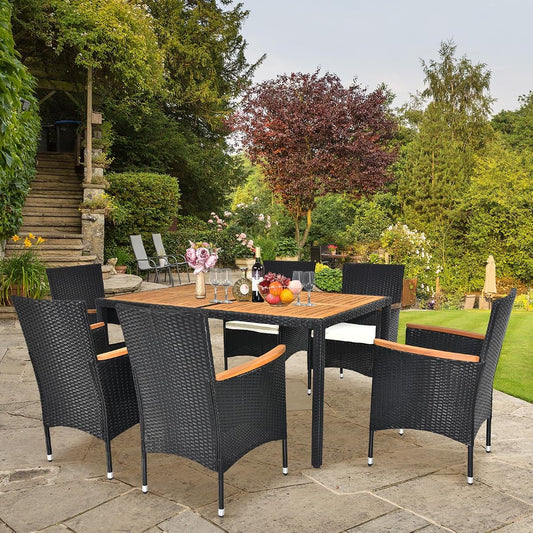 7 Pieces Patio Dining Set, Wicker Outdoor Dining Set for 6 Patio Furniture Set with Acacia Wood Table Outdoor Table and Chairs for Garden and Yard
