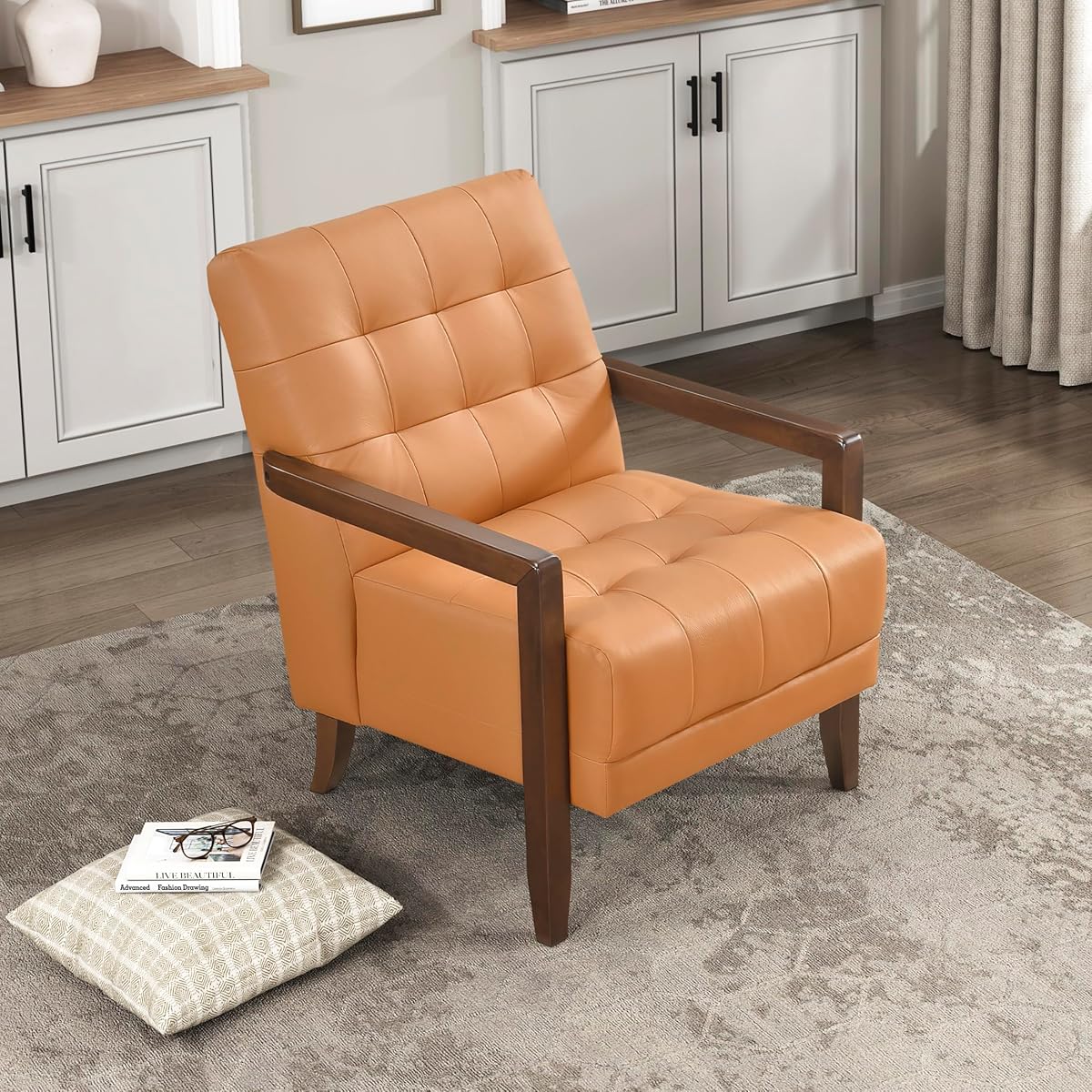 Modern Accent Chair, Luxury Genuine Leather Match Living Room Chair with Tufted Cushions, Solid Wood Frame and Arm Rest, Comfy Upholstered Single Seat for Bedroom/Reading/Office, Orange