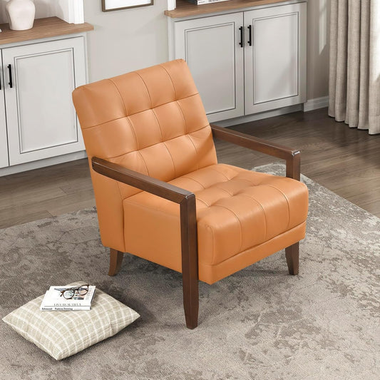 Modern Accent Chair, Luxury Genuine Leather Match Living Room Chair with Tufted Cushions, Solid Wood Frame and Arm Rest, Comfy Upholstered Single Seat for Bedroom/Reading/Office, Orange