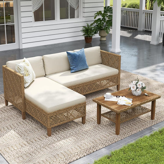 Boho Rattan Patio Sectional Set with Thick Cushions & Coffee Table – Balcony, Backyard & Poolside Outdoor Furniture (Beige)