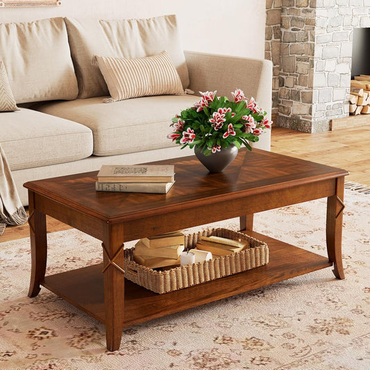 2-Tier Solid Wood Coffee Table with Shelf, 43.3 * 23.6 * 17.7in | Vintage Rectangle Cocktail Table with Dual Hourglass Top, Apartment Center Sofa Table with Curved Legs for Living Room