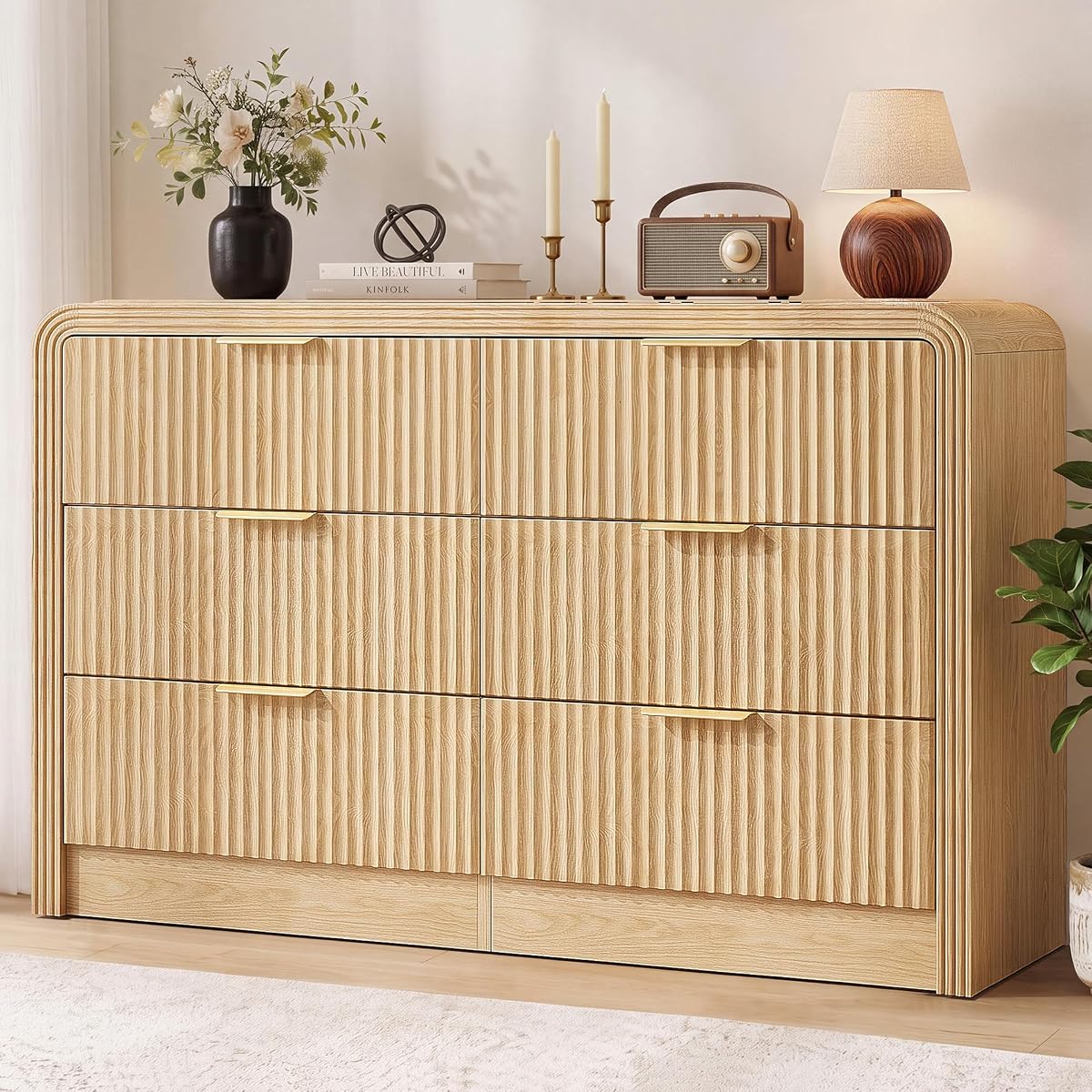 Fluted 6-Drawer Dresser Modern Wood Chest Organizer with Anti-Tip