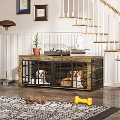 63" Double Dog Crate Furniture with Divider, Adjustable Feet