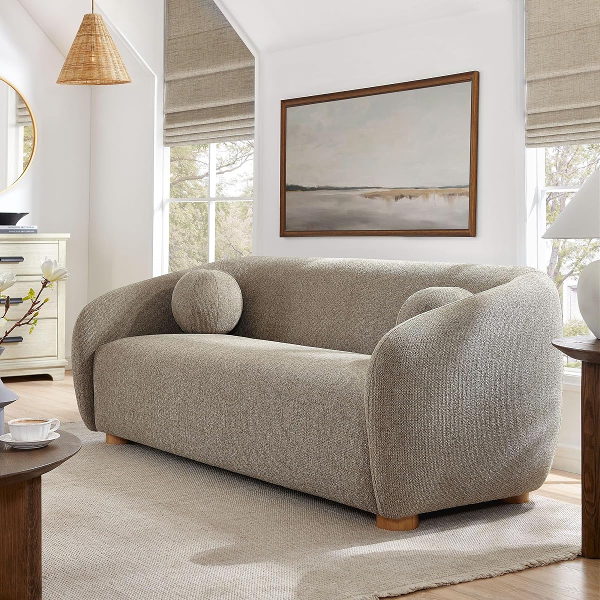 Holland 85 Inch Minimalist Curved Back Sofa in Taupe – Chenille Fabric Sofa with Ball Throw Pillows and Wood Feet – Modern 3-Seater Couch for Living Room