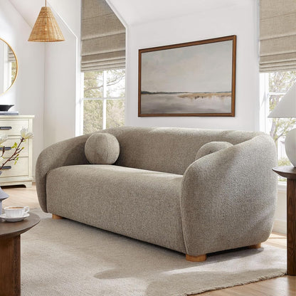 Holland 85 Inch Minimalist Curved Back Sofa in Taupe – Chenille Fabric Sofa with Ball Throw Pillows and Wood Feet – Modern 3-Seater Couch for Living Room