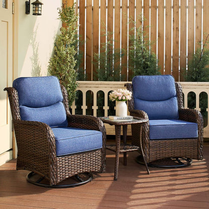 Luxury Outdoor Patio Furniture Set with 6-Inch Thick Cushions, High Back Wicker Swivel Rocker Chairs, 3 Pcs All Weather Chairs Set for Small Porch, Deck and Sunroom, Blue (V3)