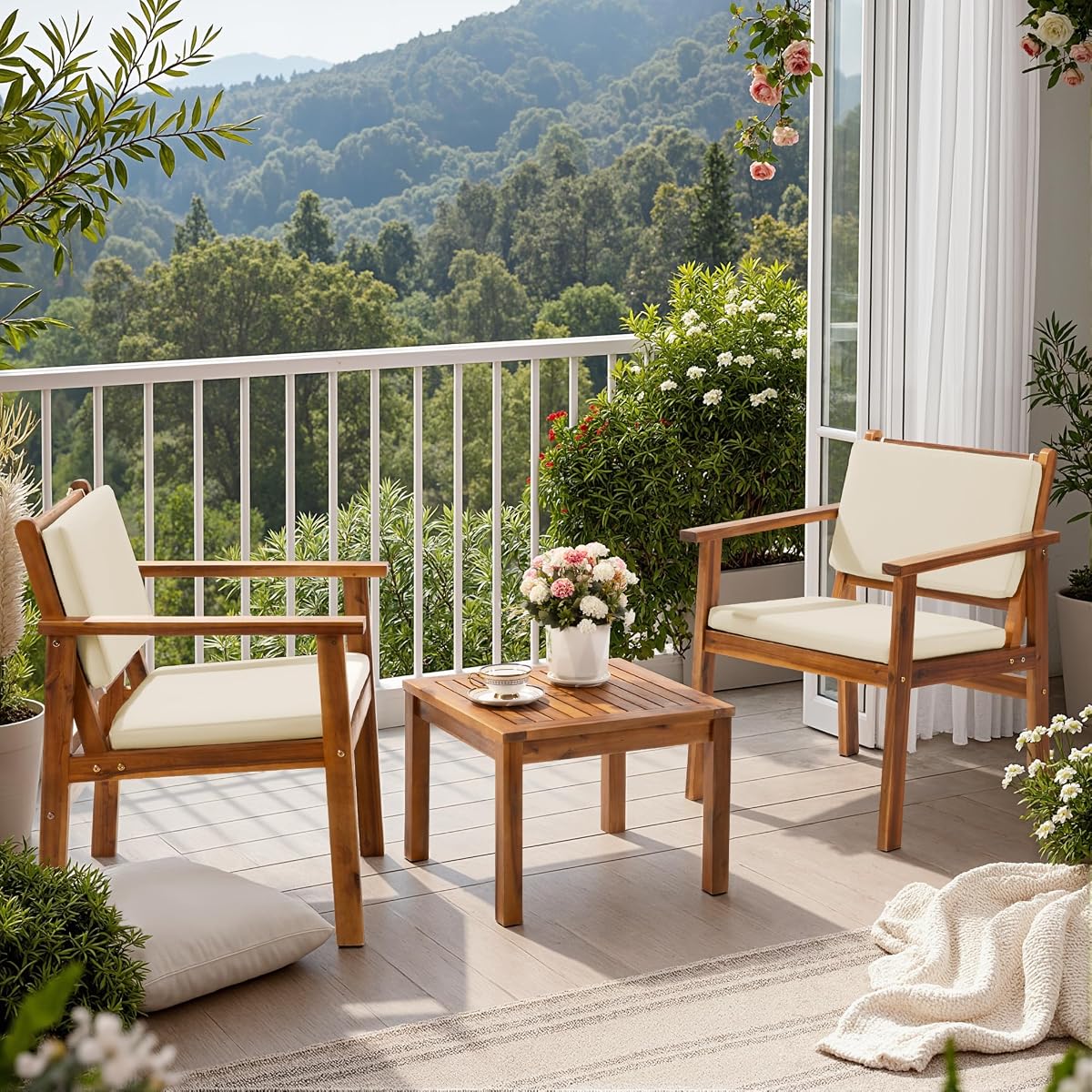 Patio Chairs 3 Piece Acacia Wood Patio Furniture with Coffee Table & Cushions Outdoor Conversation Set Balcony Chairs for Porch, Deck, Backyard
