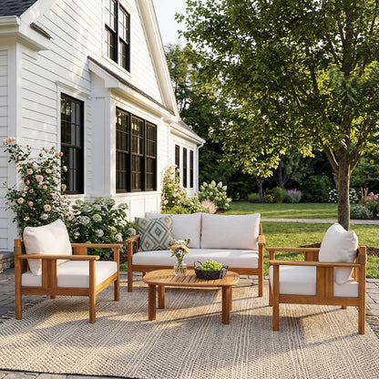 Willy Acacia Wood Patio Furniture Set with Water-Repellent Cushion, 4 Piece Outdoor Acacia Wood Conversation Set, Outdoor Sectional Sofa Set with Coffee Table, Beige+Teak