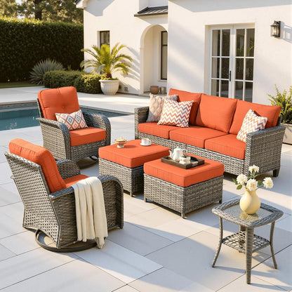 6 Pieces Patio Furniture Set, Outdoor Wicker Sofa Couch with Swivel Glider Chairs Comfy Cushions, Modern Deep Seat Rattan Conversation Sets for Deck Porch, Orange Red