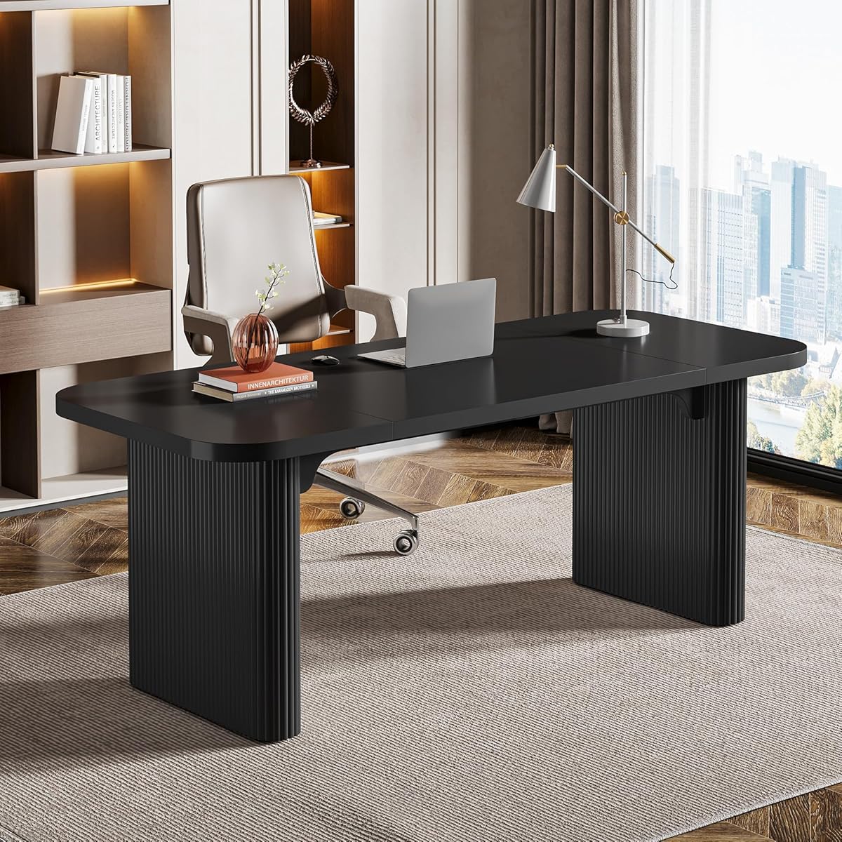 Tribesigns 62-Inch Modern Executive Desk, Wood Office Desk, Large Aesthetic Computer Desk with Double Pedestal, Workstation for Home Office (Black)