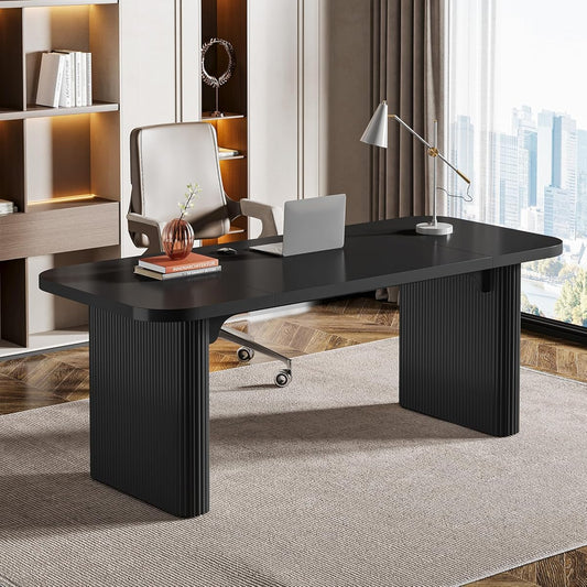 Tribesigns 62-Inch Modern Executive Desk, Wood Office Desk, Large Aesthetic Computer Desk with Double Pedestal, Workstation for Home Office (Black)