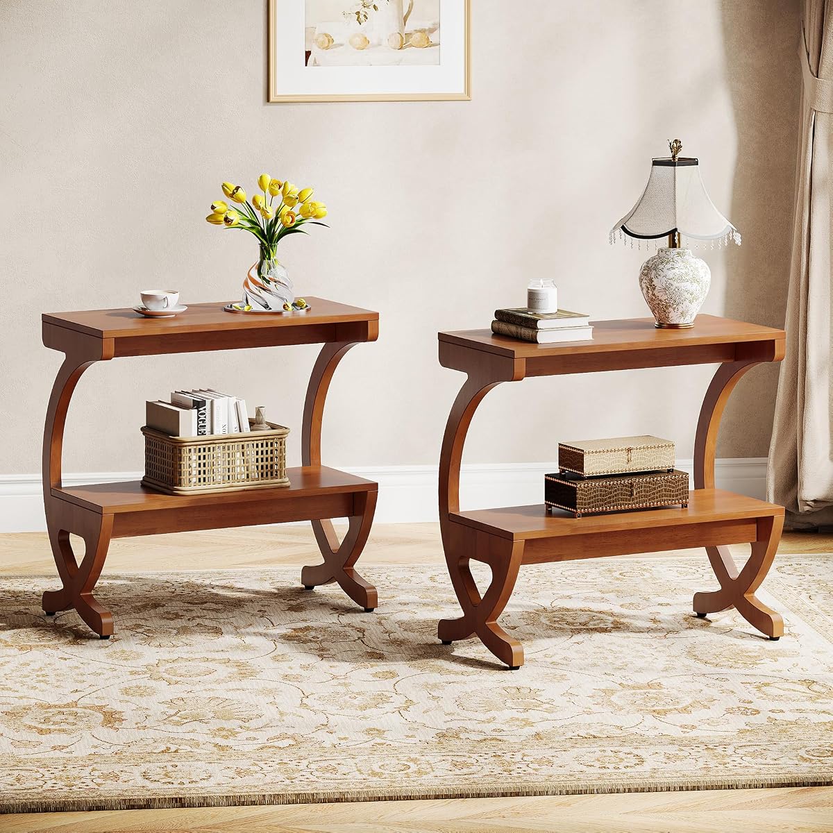 Tribesigns 2pcs Wood Nightstand, Mid-Century Modern Bedside Table with 2-Tier Storage and Curved Crossed Legs, Narrow End Table for Bedroom, Living Room, Easy Assembly, Walnut Color (2)