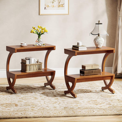 Tribesigns 2pcs Wood Nightstand, Mid-Century Modern Bedside Table with 2-Tier Storage and Curved Crossed Legs, Narrow End Table for Bedroom, Living Room, Easy Assembly, Walnut Color (2)