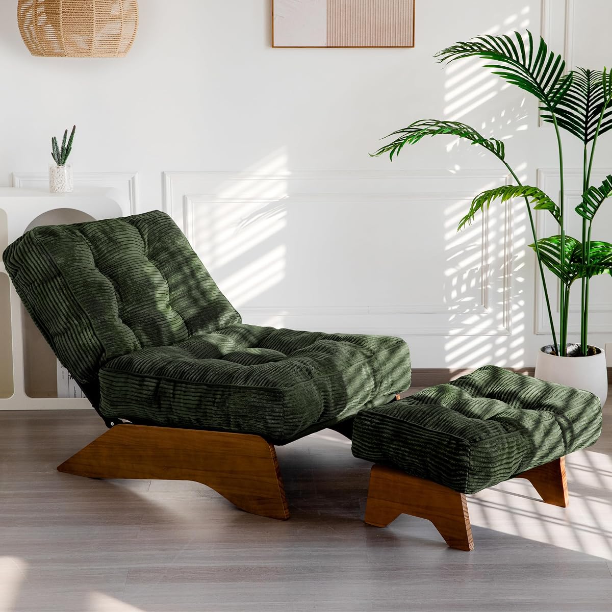 Accent Chair with Ottoman Adjustable Backrest, Tufted Living Room Chair Upholstered Lounge Chair with Footrest Set, Modern Chair Cozy Reclining Chair for Reading Room, Green