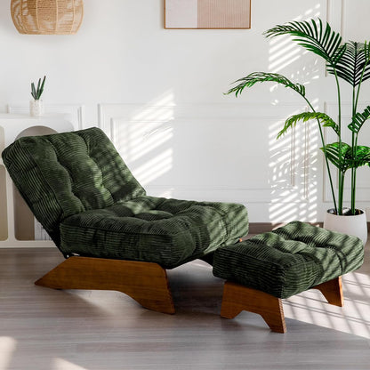 Accent Chair with Ottoman Adjustable Backrest, Tufted Living Room Chair Upholstered Lounge Chair with Footrest Set, Modern Chair Cozy Reclining Chair for Reading Room, Green