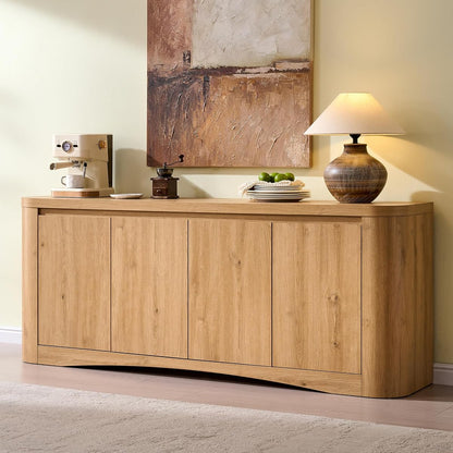 Modern Curved 70" Buffet Cabinet with 4 Storage Doors, Natural