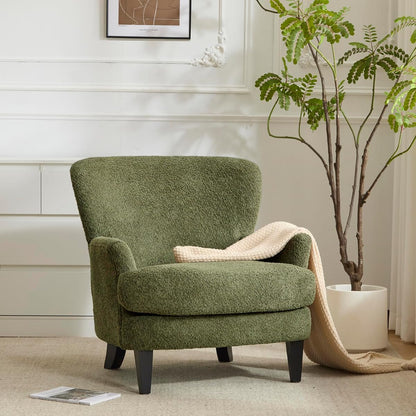 Colby Boucle Upholstered Club Chair, Living Room Accent Chair, Wooden Frame, Flared Armrest, Plush Thick Cushion, Reading Lounge Chair, Space-Saving Furniture, Olive Green