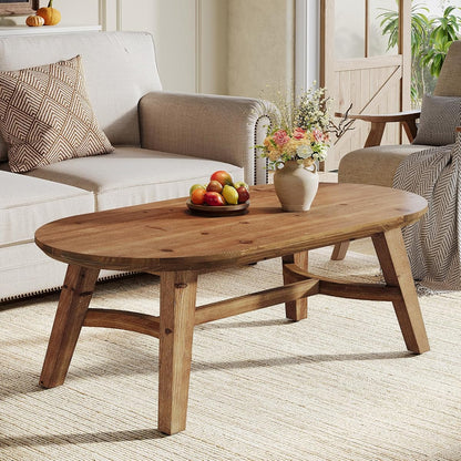 Oval Coffee Table, 47" Real Wood Living Room Table, Natural Pine Solid Wood Coffee Table, Modern Center Accent Furniture, Child-Friendly,Rustic Brown