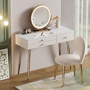 39" White and Gold Vanity with Lights and Chair, view 2