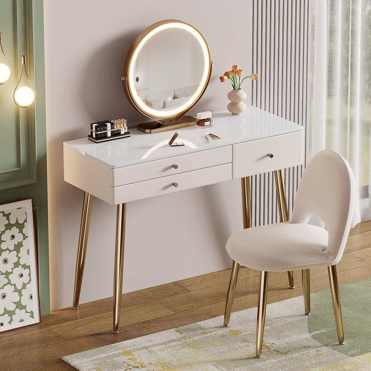 39" White and Gold Vanity with Lights and Chair