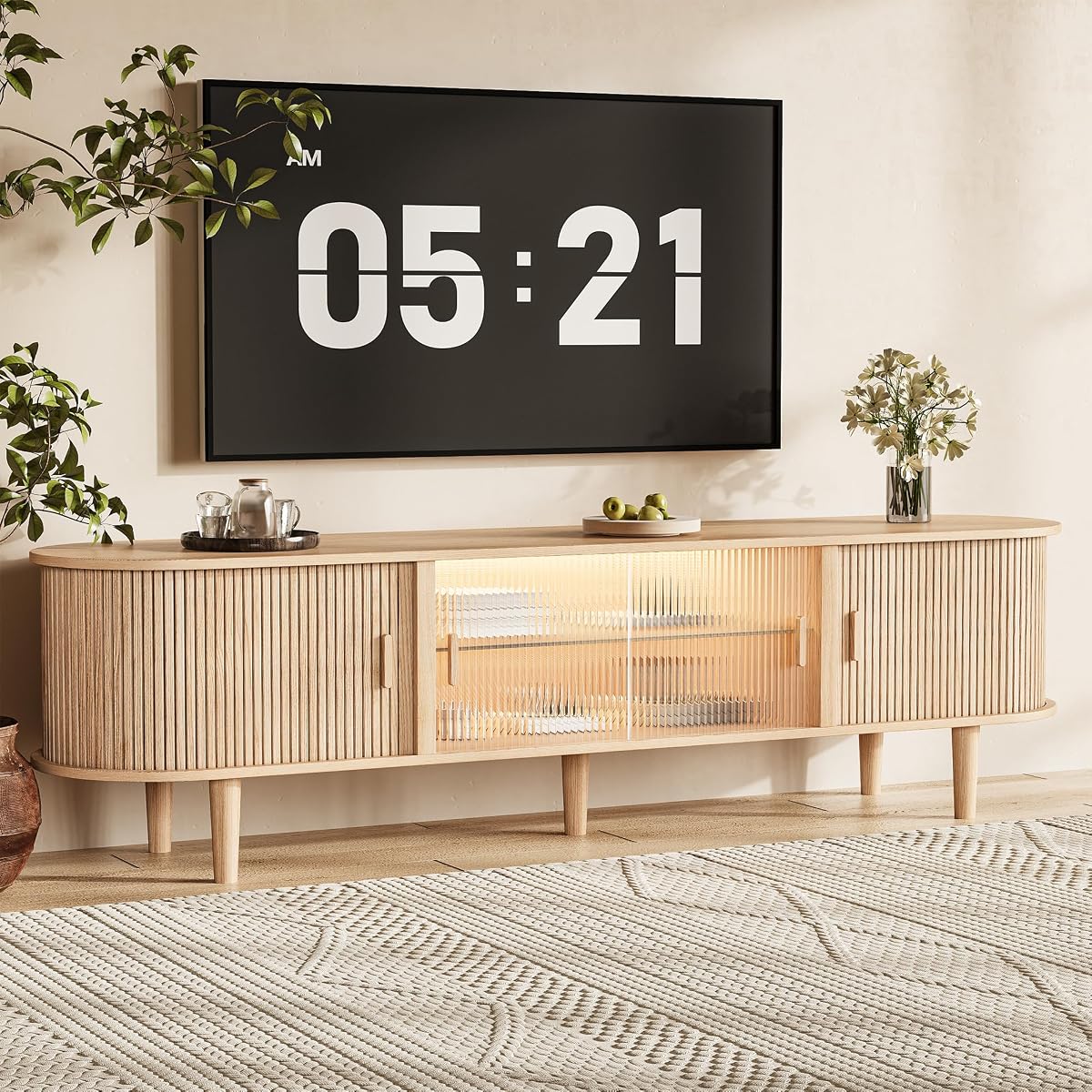 70" Fluted TV Stand with LED Lights for TVs up to 75 Inch, Mid Century Modern Entertainment Center with Sliding Doors & Glass Shelf, TV Console Table Media Console for Living Room, Natural Oak
