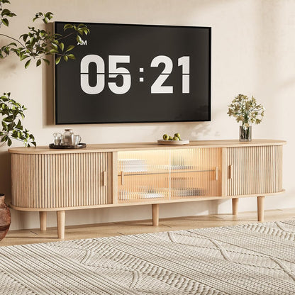 70" Fluted TV Stand with LED Lights for TVs up to 75 Inch, Mid Century Modern Entertainment Center with Sliding Doors & Glass Shelf, TV Console Table Media Console for Living Room, Natural Oak