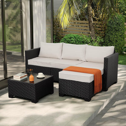 Outdoor Furniture Set 3 Pieces Wicker Patio Furniture Outdoor Sectional Patio Couch Outdoor Coffee Table All-Weather Non-Slip Cushions Waterproof Covers, Khaki
