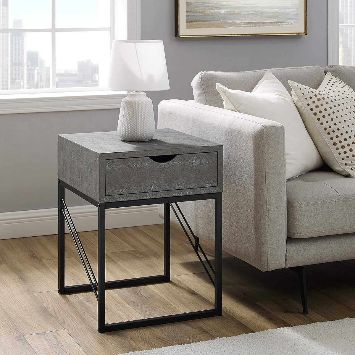 Iver Faux Shagreen Modern Small Side End Table Living Room Bedroom Nightstand, 18 Inch, Grey
