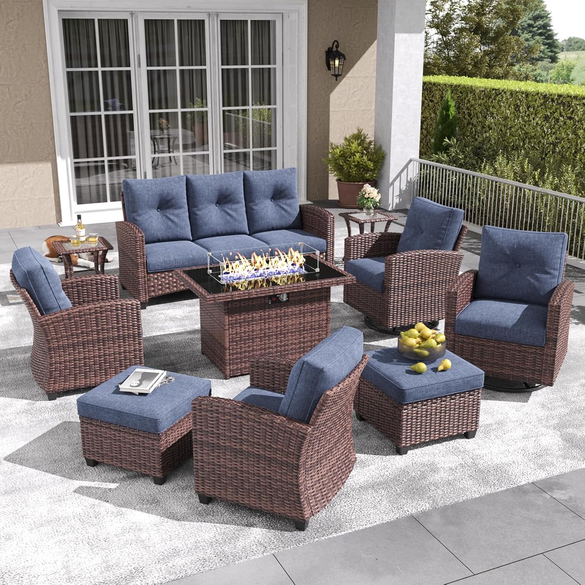 10 Pieces Patio Furniture Set with Swivel Chairs, Rattan Wicker Rocking Glide Chairs with 44" Propane Gas Fire Pit Table Conversation Set