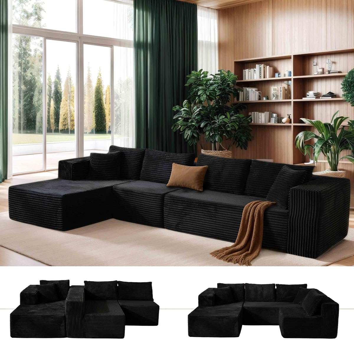 140” Oversized No Assembly Compression Boneless Cloud Sectional Couches for Living Room, L-Shape Comfy Fluffy Sleeper Sofa Bed, Modular Corduroy Reclining Memory Foam Furniture for Bedroom Home Black