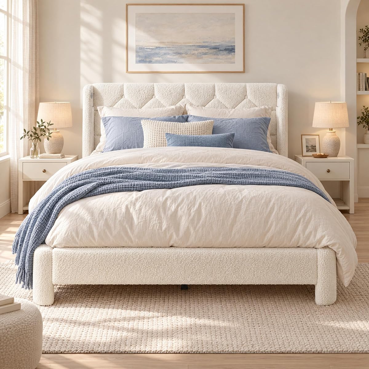Queen Bed Frame with USB Ports & Storage Pockets, Cream Boucle