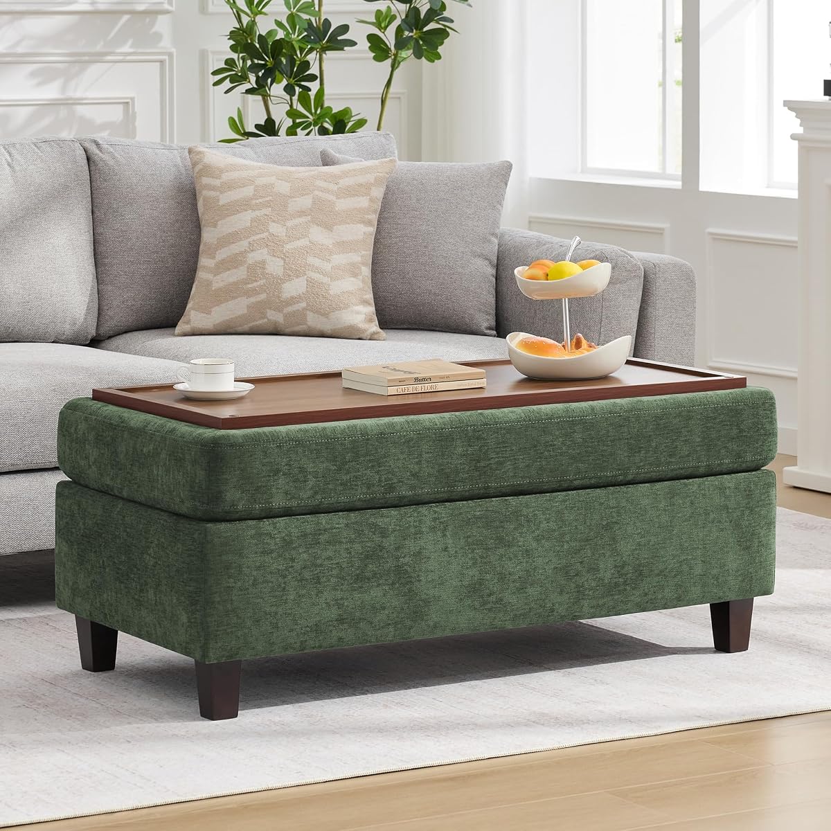 Large Green Chenille Ottoman with Wooden Leg Support for Living Room