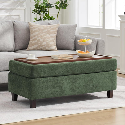 Large Green Chenille Ottoman with Wooden Leg Support for Living Room