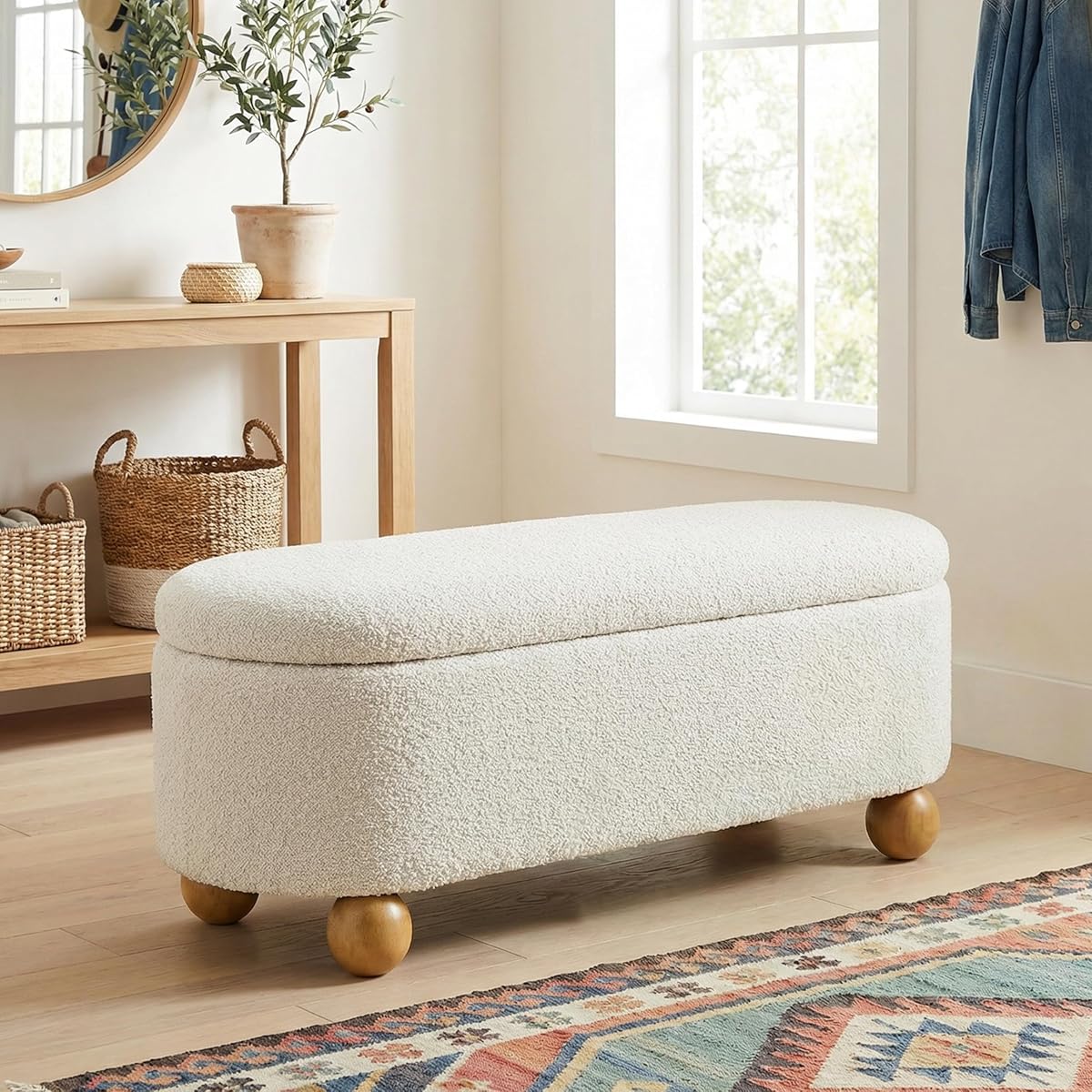 44.8" Storage Ottoman Bench End of Bed Bench with Hinge, Beige
