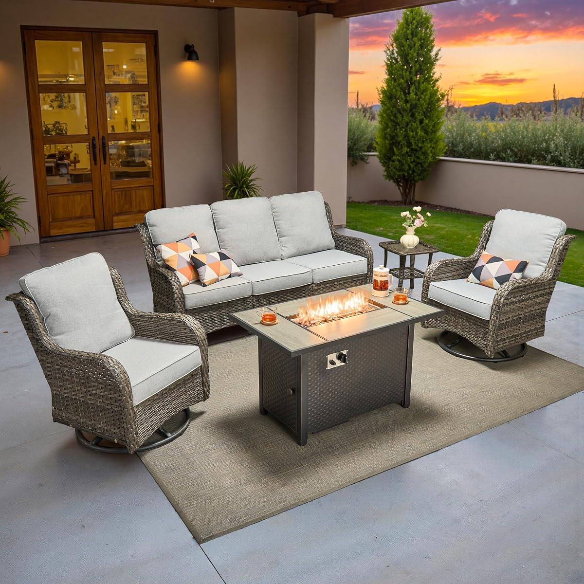 5-Piece Patio Furniture Set with Swivel Chairs Side Table, Outdoor Wicker Sofa with 42" Fire Pit Table, High Back Couch Modern Conversation Sets, Grey/Grey