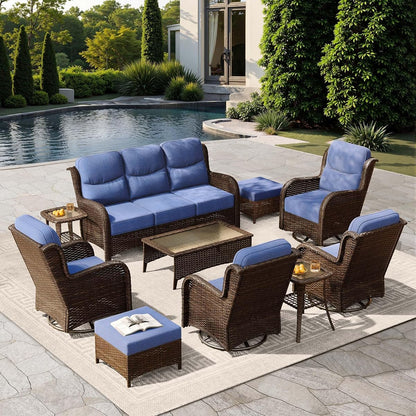 Luxury Outdoor Patio Furniture Set with 6-Inch Thick Cushions, High Back Wicker Swivel Rocker Chairs, 10 Pcs All Weather Furniture Set for Large Deck, Yard and Poolside, Blue (V3)