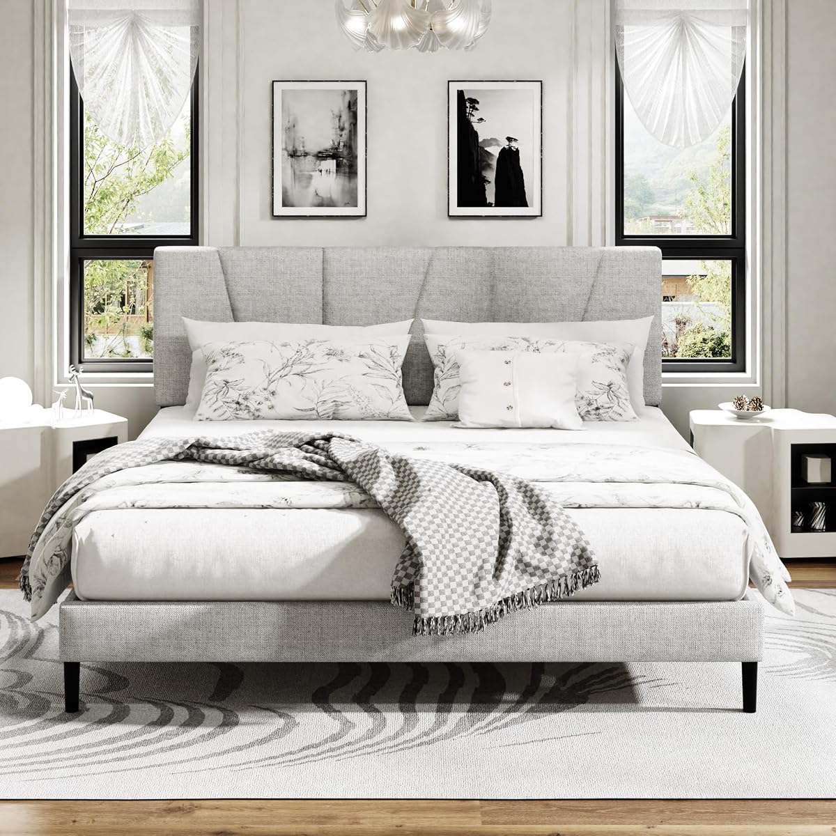 Queen Size Platform Bed Frame with Upholstered Headboard, Wooden Slats Support