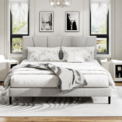 Queen Size Platform Bed Frame with Upholstered Headboard, Wooden Slats Support